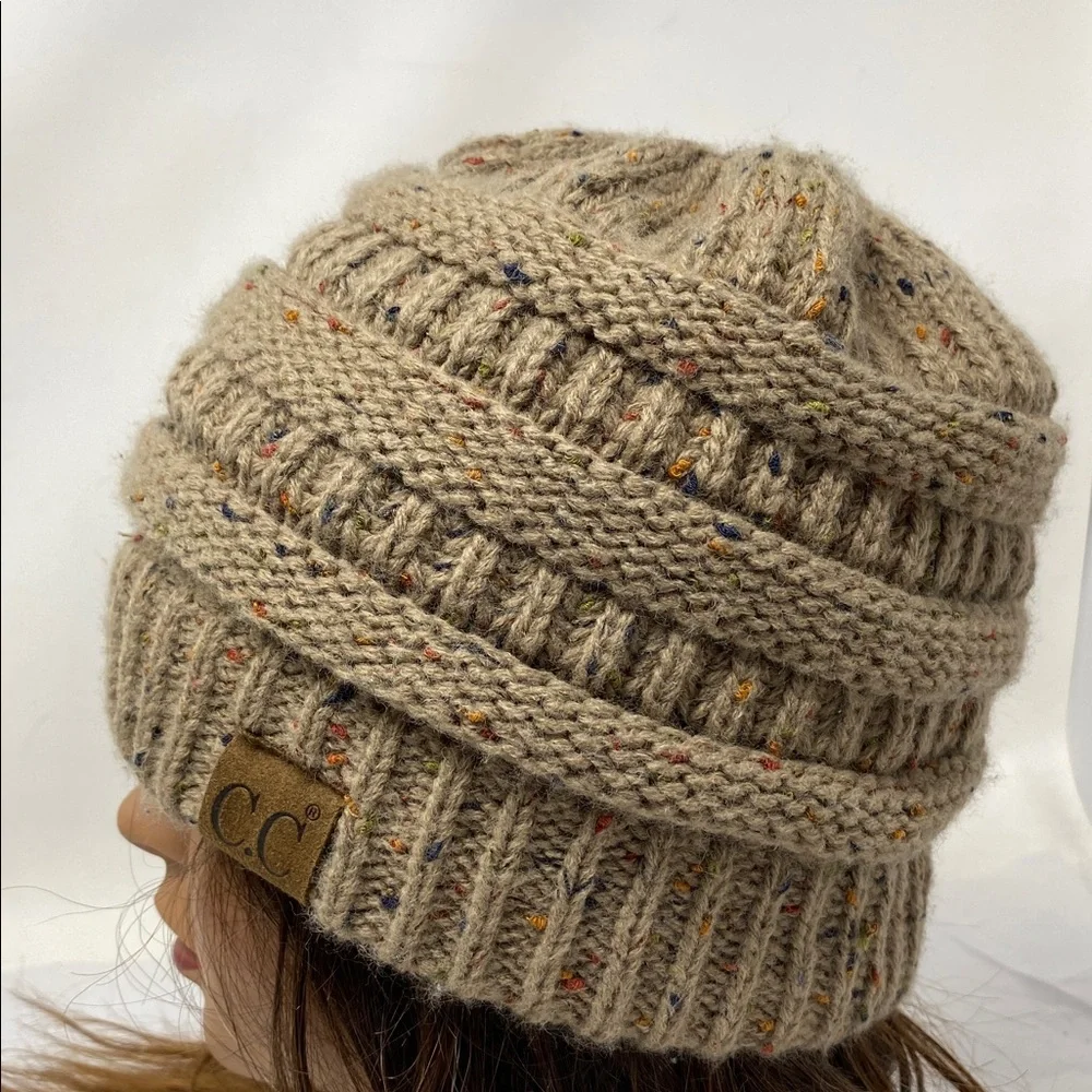 C.C Messy Bun Beanie Tail Chunky Knit Stretch Confetti Ponytail Beanie